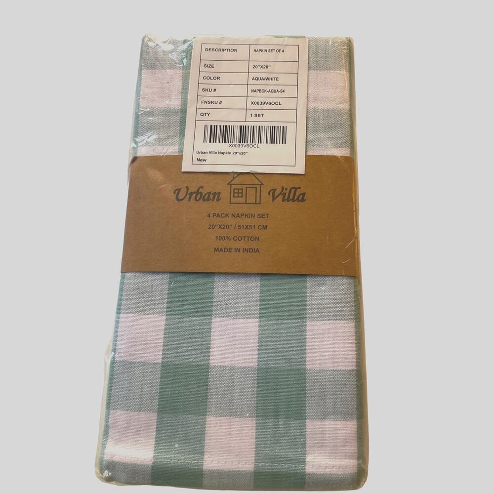 Urban Villa Napkins 4/PK Aqua White Check New in Pkg
